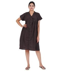 Alia Cut Full Buttoned Dress Below Knee length - Choco Brown Kantha Plain