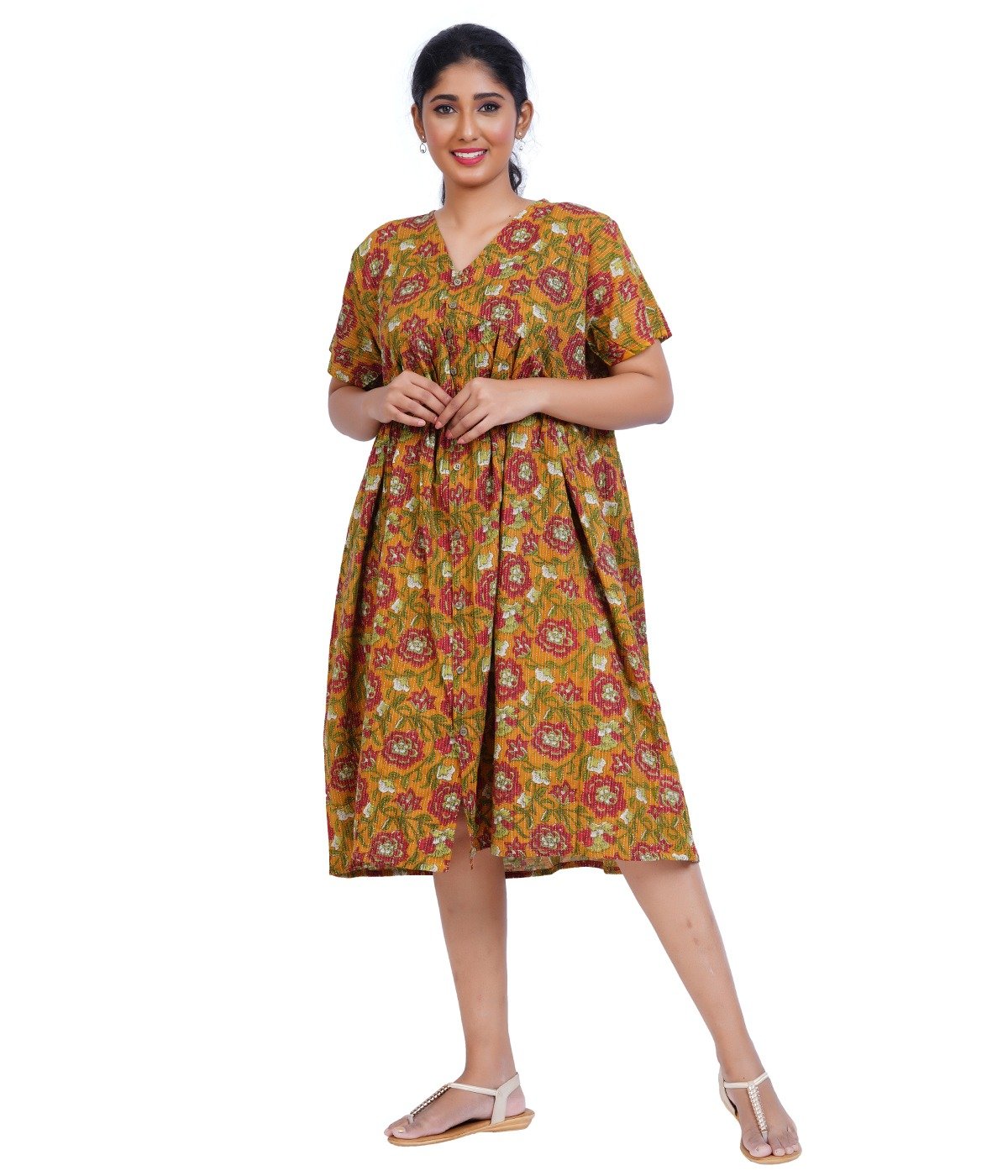 Alia Cut Full Buttoned Dress Below Knee length - Mustard Yellow Kantha prints