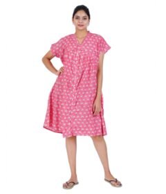 Alia Cut Full Buttoned Dress Below Knee length - Pink Kantha printed3