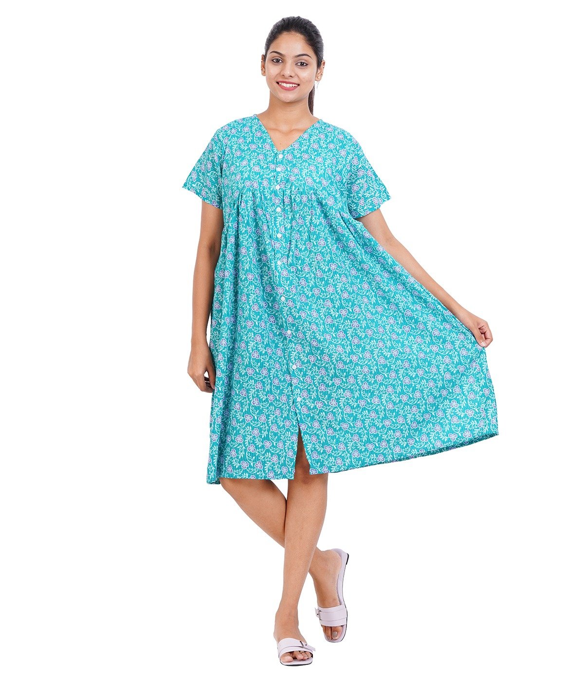 Alia Cut Full Buttoned Dress Below Knee length -Rama Green Kantha Printed