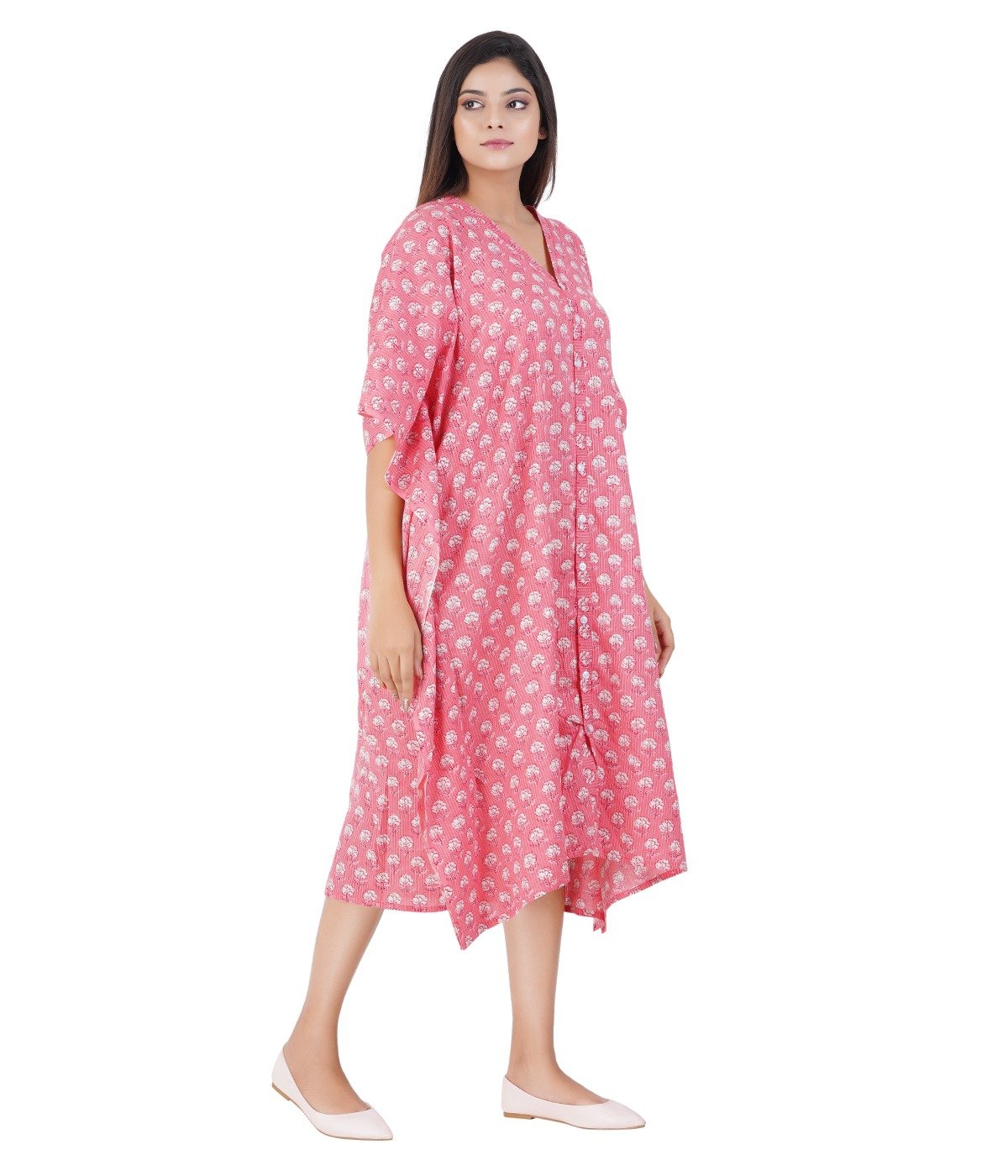 Full Open Kaftans Calf Length - Light Pink Kantha Prints