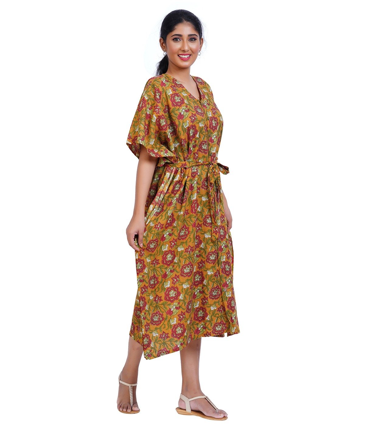 Full Open Kaftans Calf Length - Mustard Yellow Kantha Prints