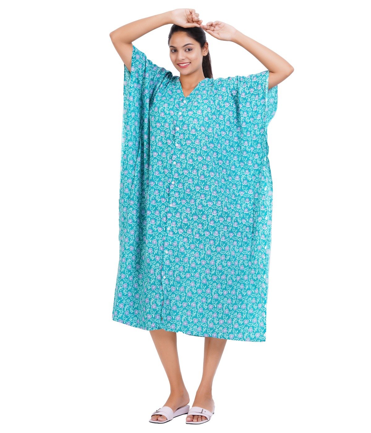 Full Open Kaftans Calf Length - Rama Green Kantha Prints