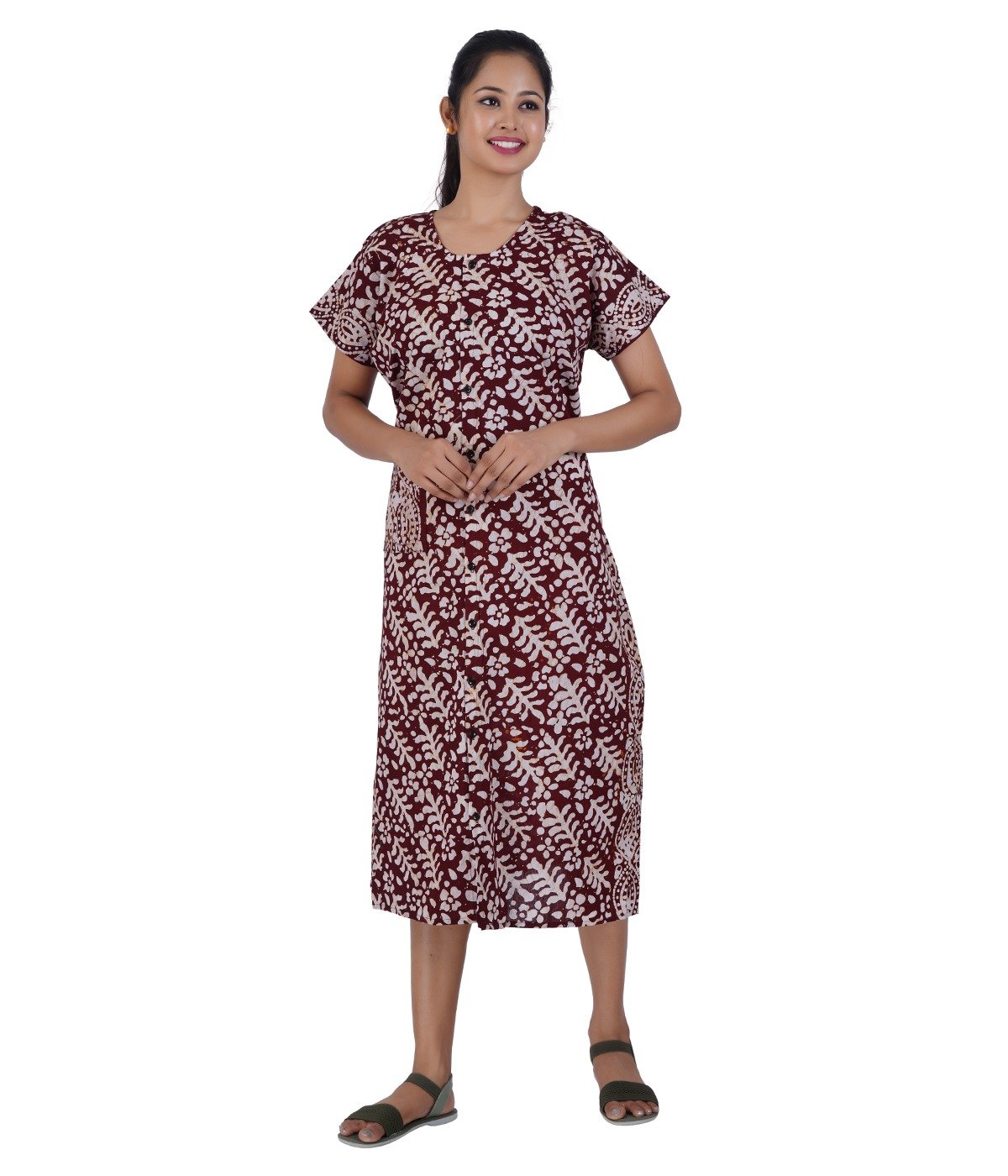 Full Open nighty Calf length - Cocho Brown Batik