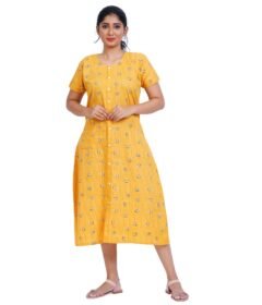 Full Open nighty Calf length - Mustard Cotton Printed