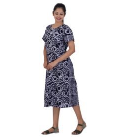 Full Open nighty Calf length - Navy Batik