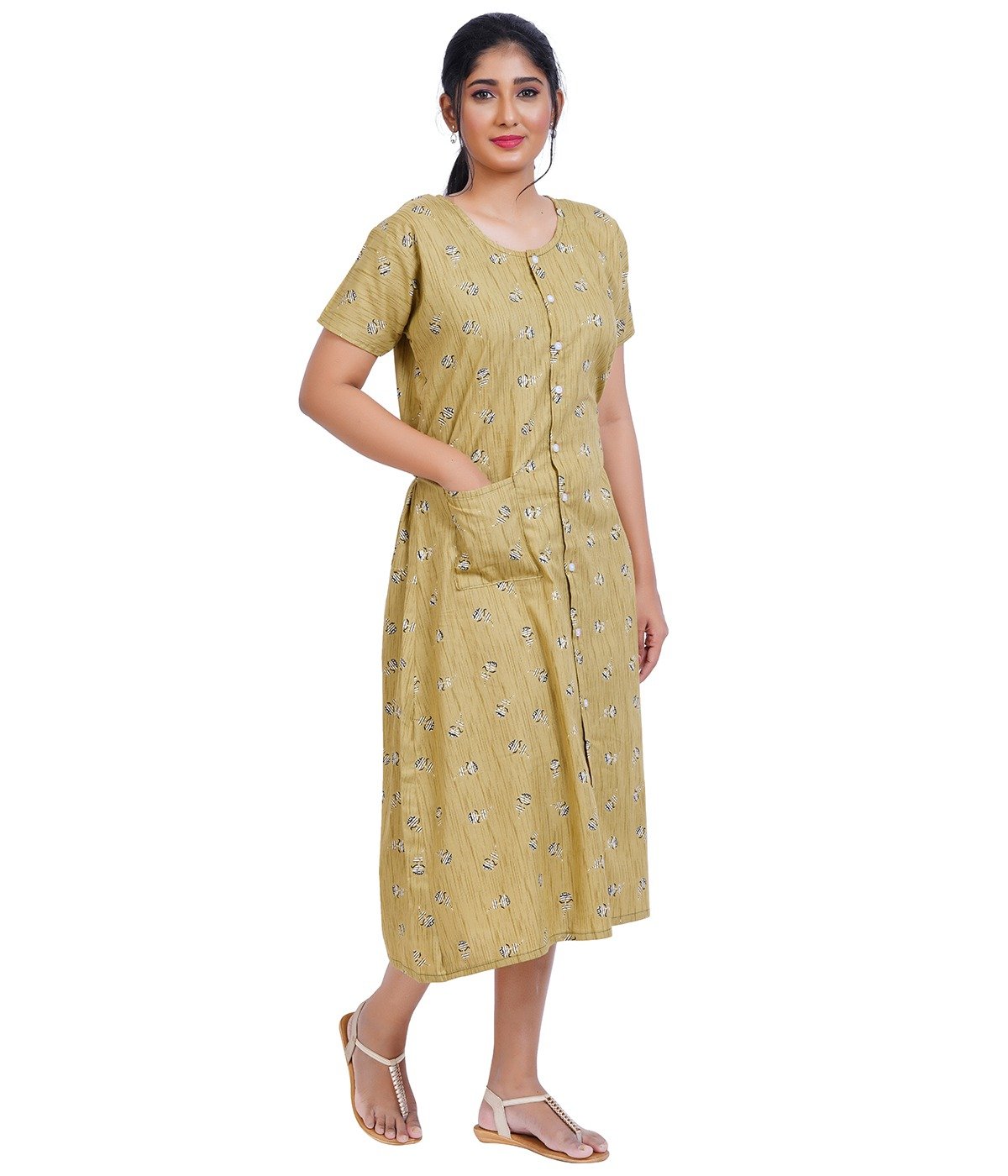 Full Open nighty Calf length - Olive Cotton Printed