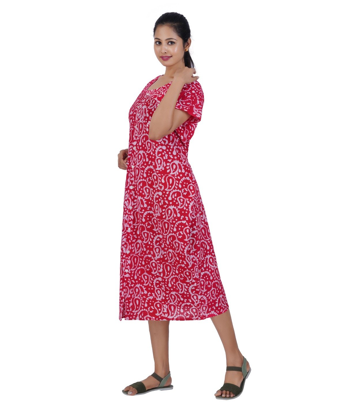 Full Open nighty Calf length - Pink Batik