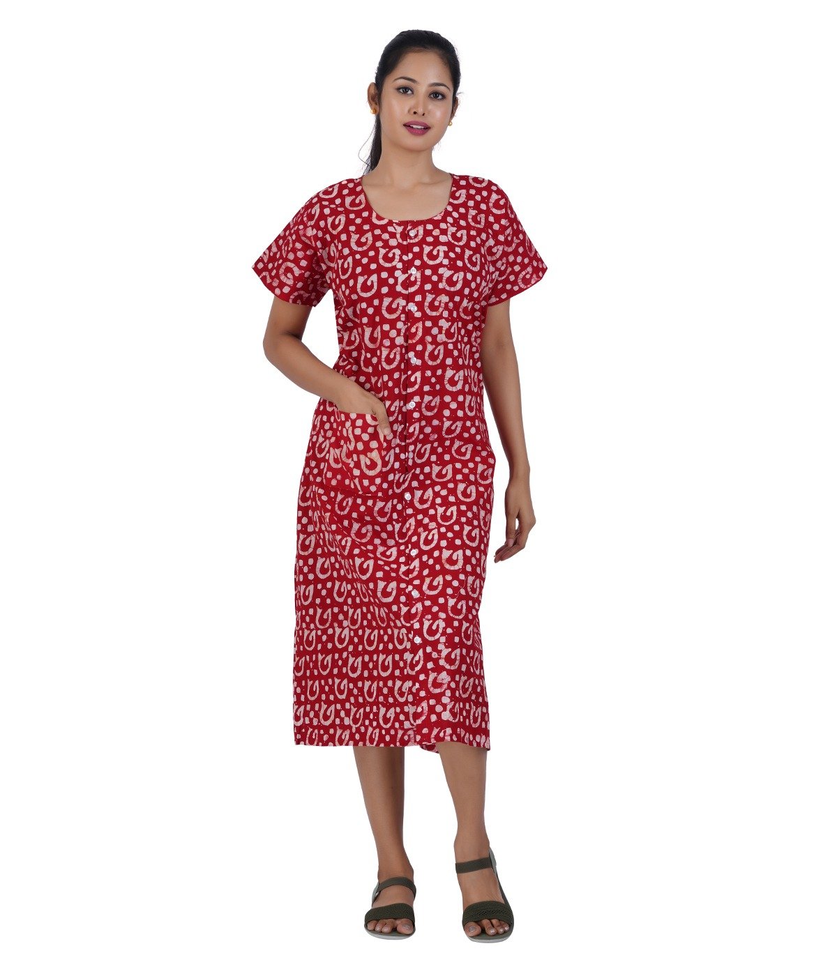 Full Open nighty Calf length - Red Batik