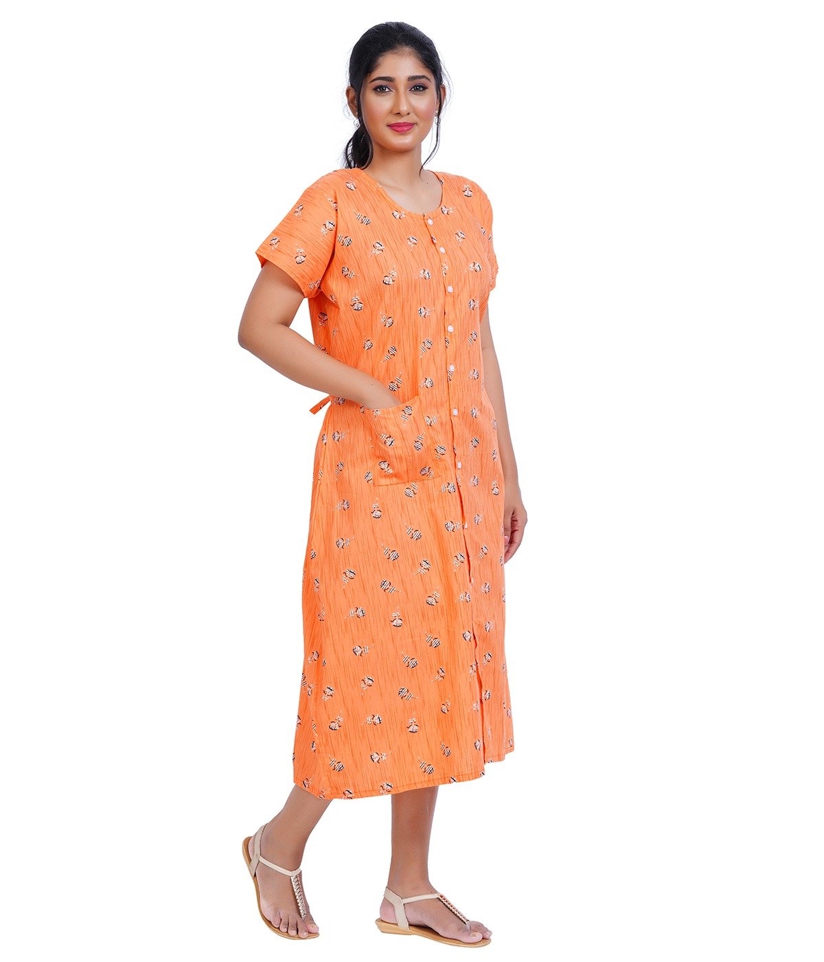 Full Open nighty Calf length - Red Orange Cotton Printed