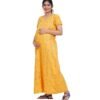 Full Open nighty Full length - Mustard Yellow Cotton Printed