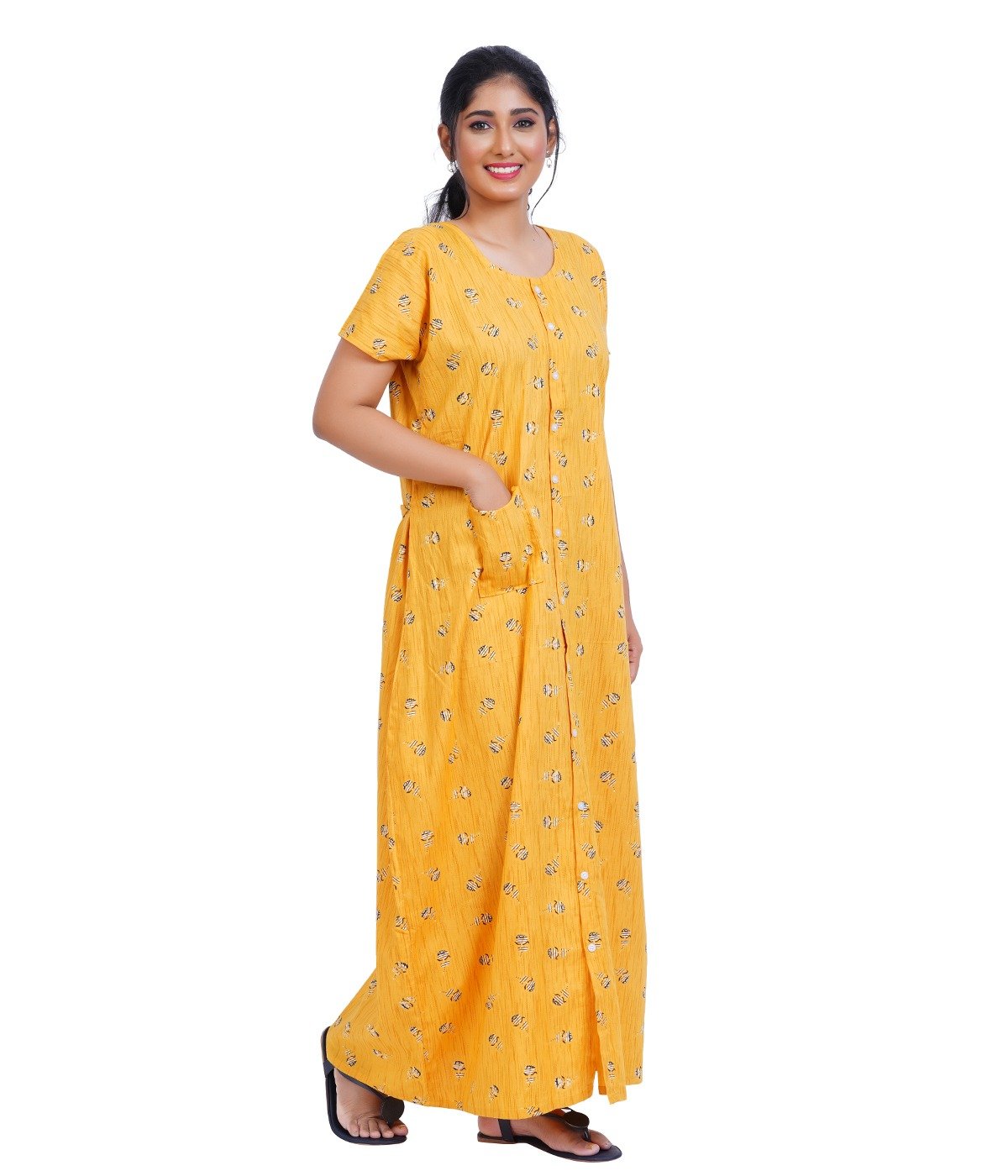 Full Open nighty Full length - Mustard Yellow Cotton Printed