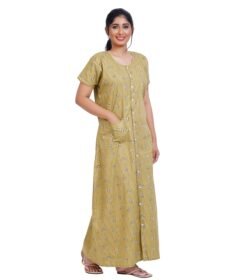 Full Open nighty Full length - Olive Cotton Printed