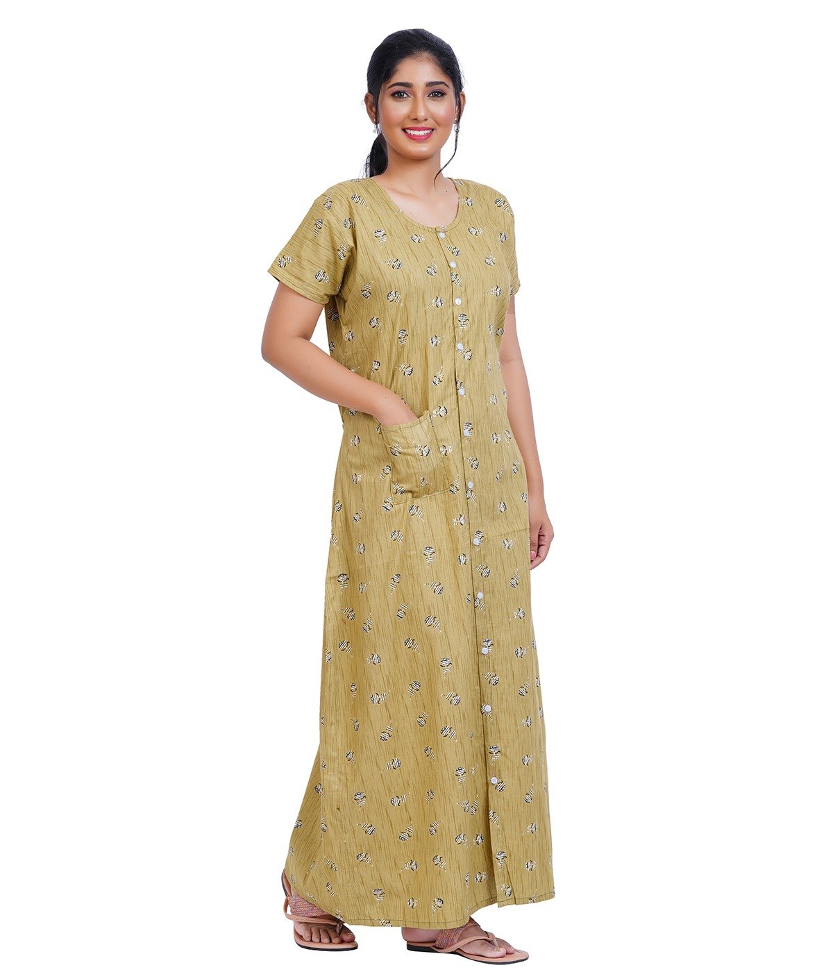 Full Open nighty Full length - Olive Cotton Printed