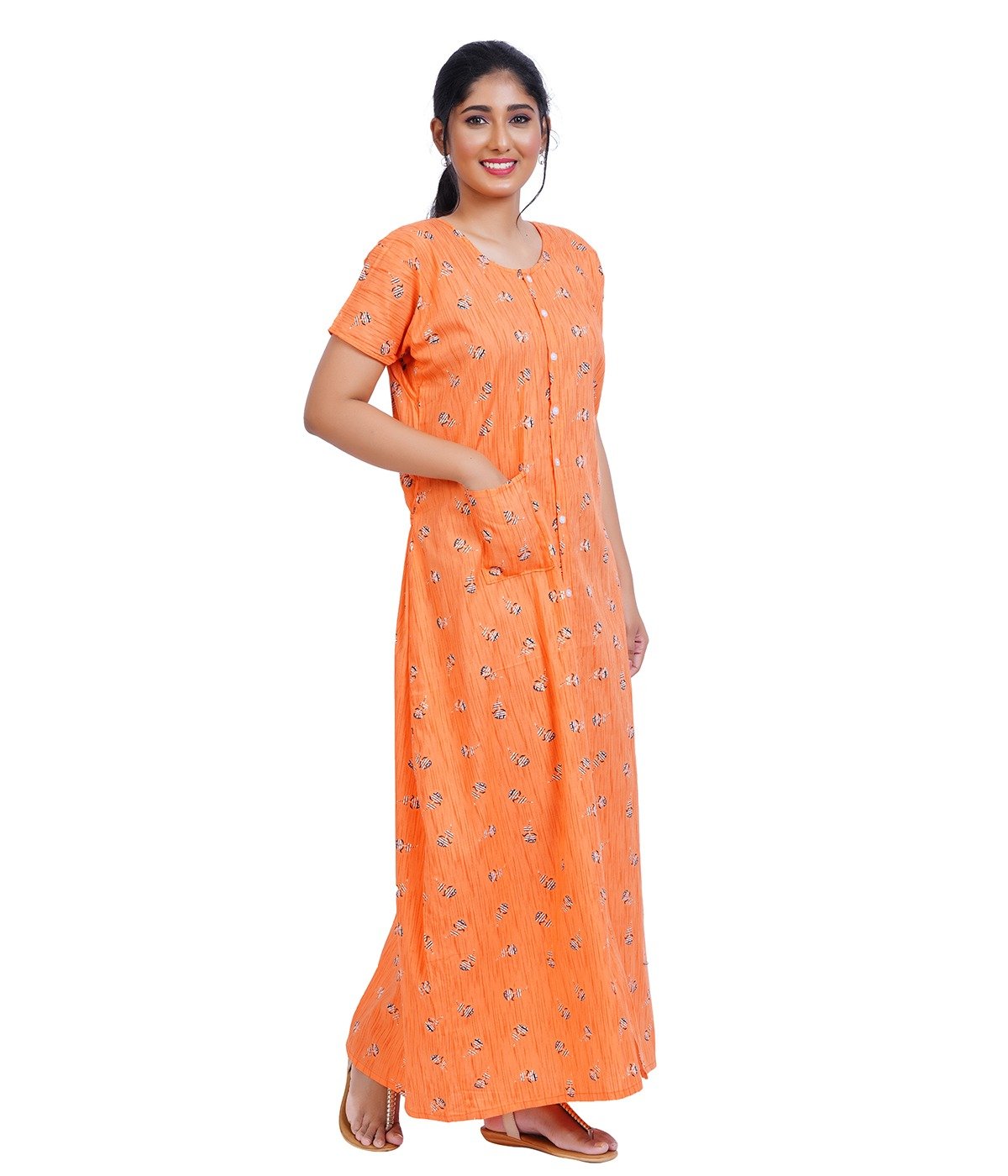 Full Open nighty Full length - Red Orange Cotton Printed