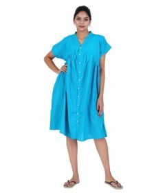 Blue Kantha Plain-Alia Cut Full Buttoned Dress Below Knee length