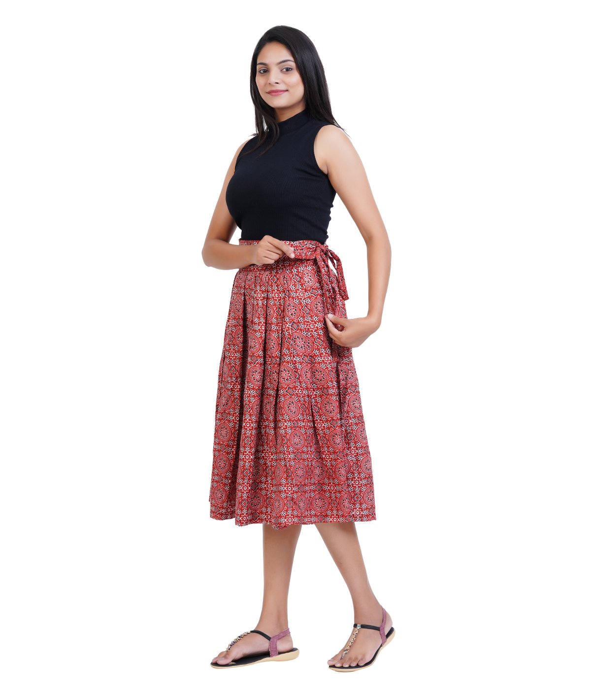 Wrap Around Pleated Skirts - Red Ajrak