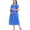 Zipless Cotton Maternity Dress Calf Length - Blue Kantha Stitch