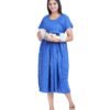 Zipless Cotton Maternity Dress Calf Length - Blue Kantha Stitch