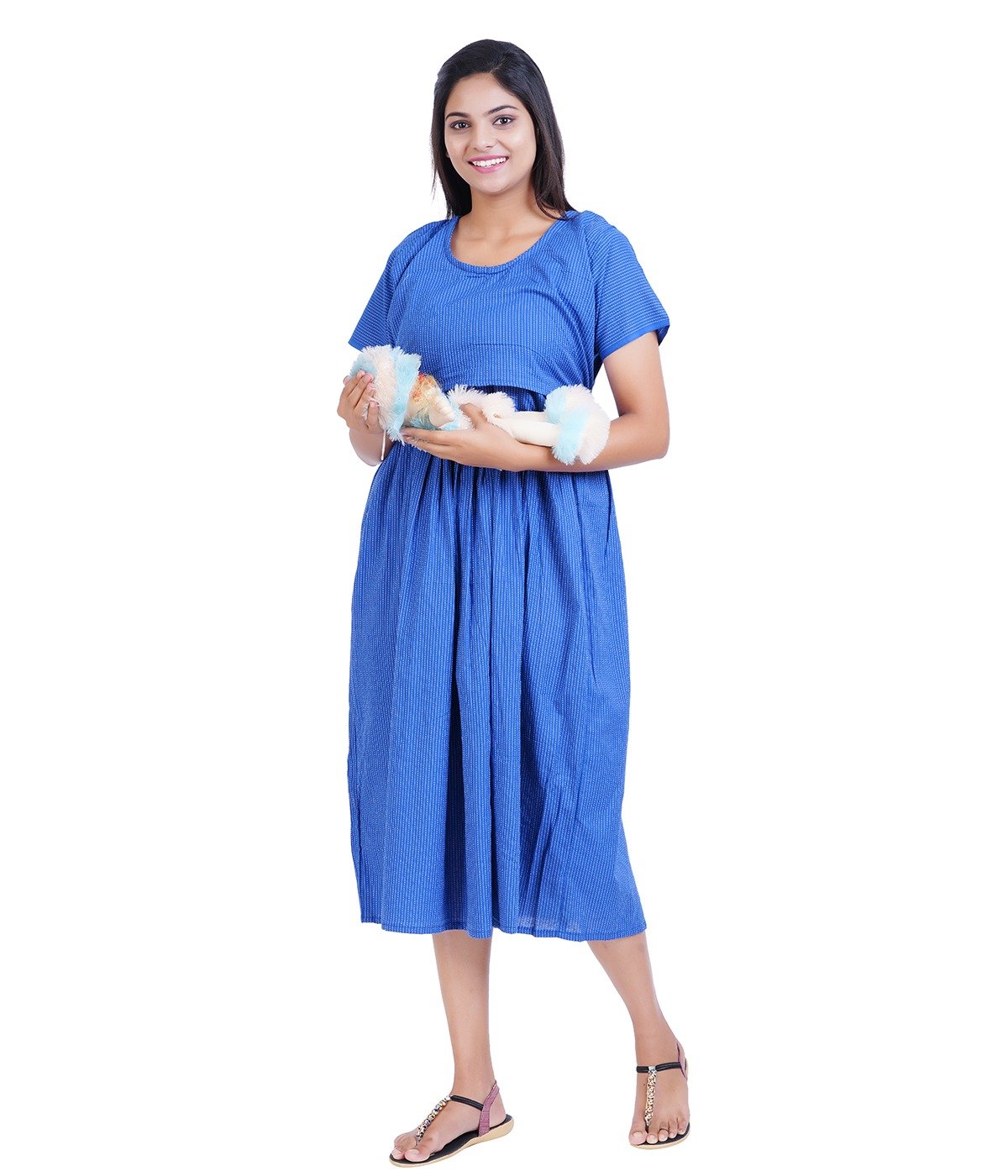 Zipless Cotton Maternity Dress Calf Length - Blue Kantha Stitch