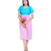 Zipless Cotton Maternity Dress Calf Length - Blue & Pink Kantha Stitch