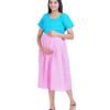 Zipless Cotton Maternity Dress Calf Length - Blue & Pink Kantha Stitch