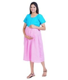 Zipless Cotton Maternity Dress Calf Length - Blue & Pink Kantha Stitch