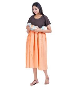 Zipless Cotton Maternity Dress Calf Length - Choco & Skin Kantha Stitch