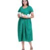 Zipless Cotton Maternity Dress Calf Length - Green Kantha Stitch