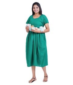 Zipless Cotton Maternity Dress Calf Length - Green Kantha Stitch