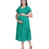 Zipless Cotton Maternity Dress Calf Length - Green Kantha Stitch