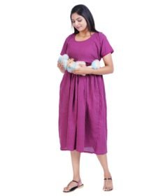 Zipless Cotton Maternity Dress Calf Length - Purple Kantha Stitch