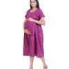 Zipless Cotton Maternity Dress Calf Length - Purple Kantha Stitch