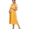 Zipless Cotton Maternity Nighty Calf Length - Mustard Printed