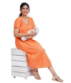 Zipless Cotton Maternity Nighty Calf Length - Red Orange Printed