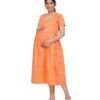 Zipless Cotton Maternity Nighty Calf Length - Red Orange Printed