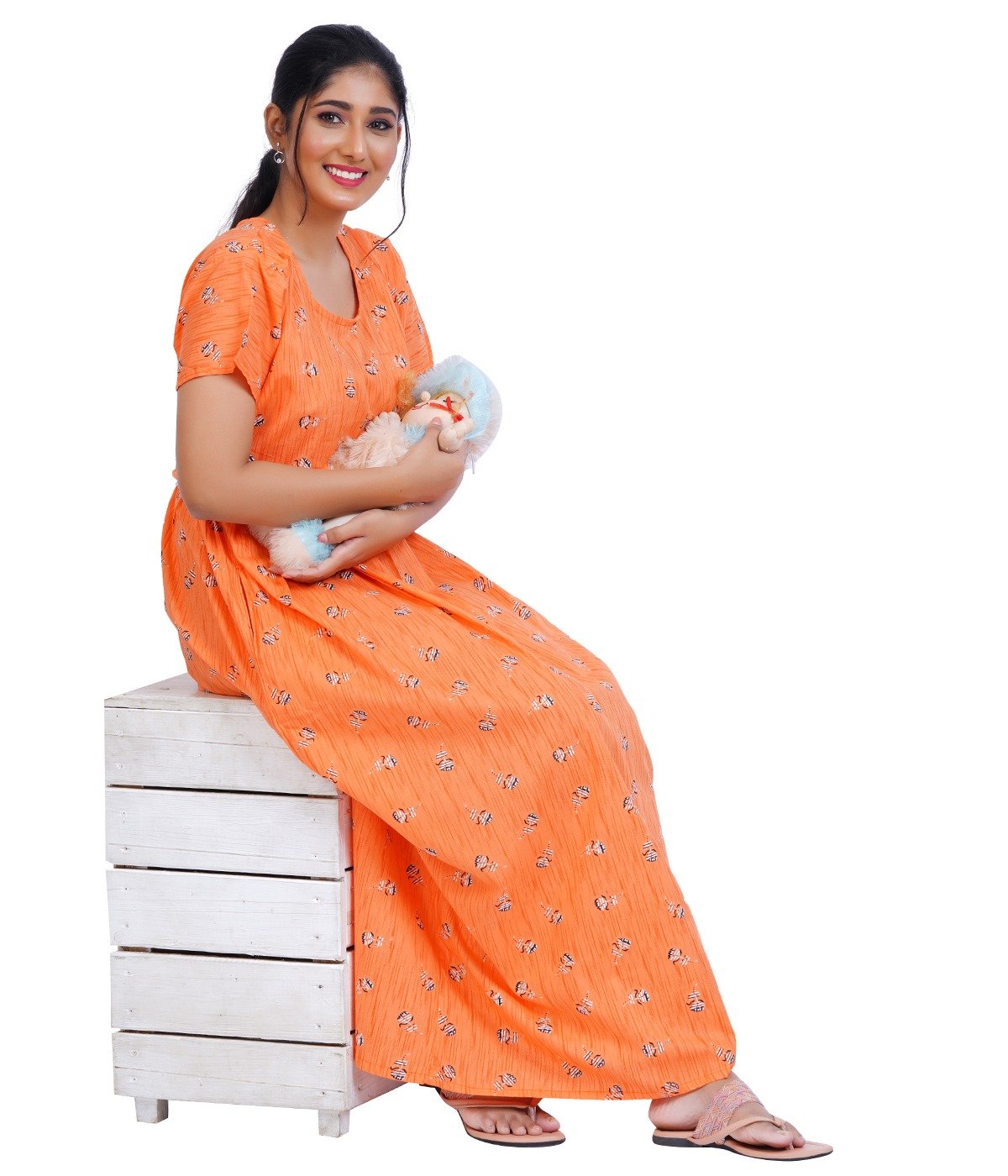 Zipless Cotton Maternity Nighty Full Length - Light Orange Printed