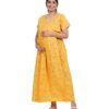 Zipless Cotton Maternity Nighty Full Length - Mustard Printed