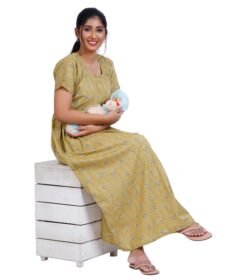 Zipless Cotton Maternity Nighty Full Length - Olive Printed